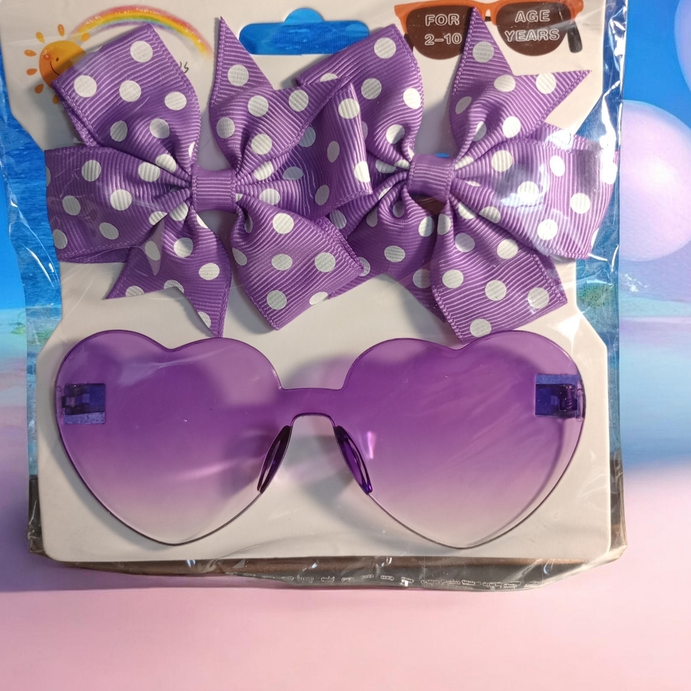 Polka Dot Hair Bow Set with Purple Heart Sunglasses NWT